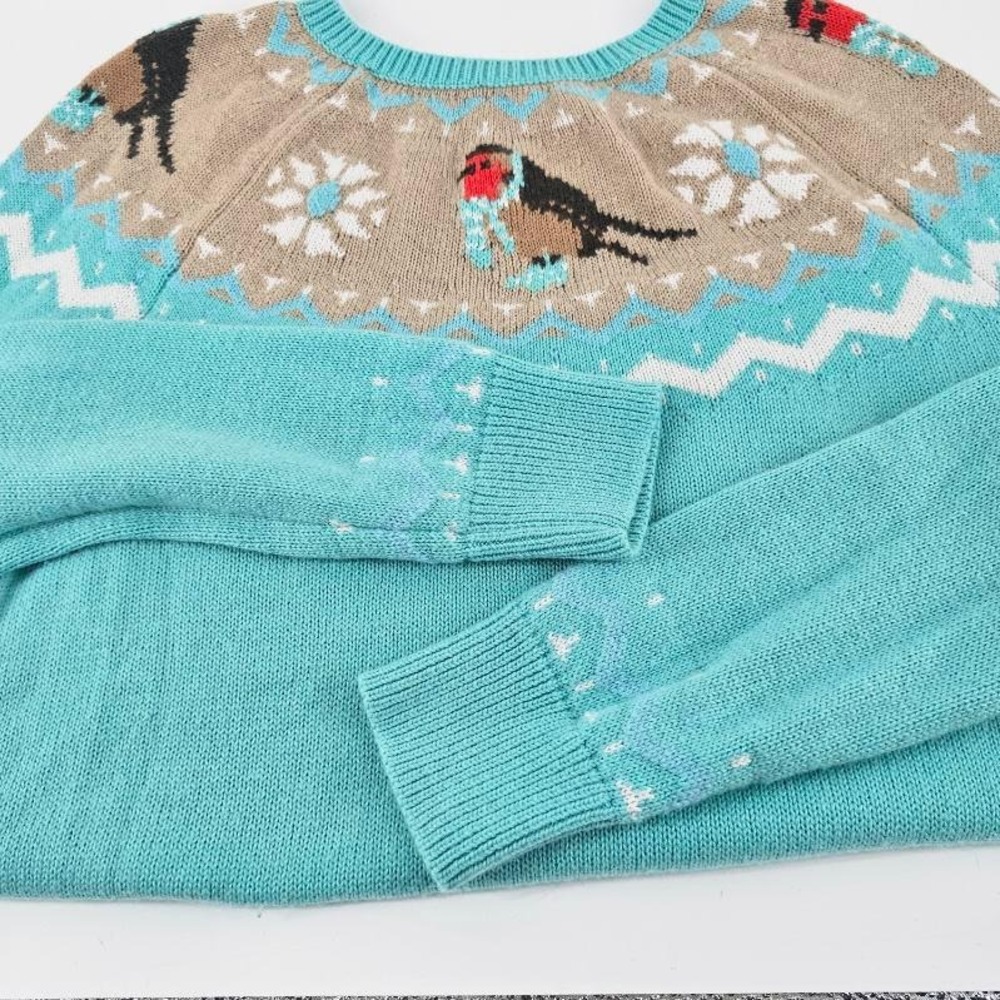 Talbots Bird Fair Isle Sweater Womens M Teal Lambswool Blend Winter Robin